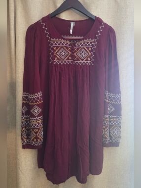Monoreno Burgundy Embroidered Boho Tunic Dress